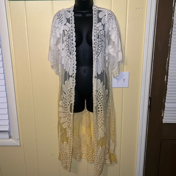 Rebellion Again White Yellow Sheer Lace Ombre Flowy Boho Kimono Duster Size L - Picture 7 of 11